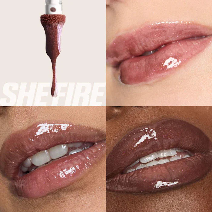 HUDA BEAUTY  Faux Filler Shiny Non-Sticky Lip Gloss-Color: She Fire - a sheer deep brown gloss