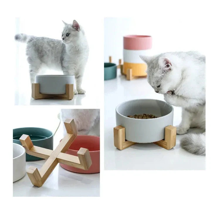 Ceramic Cat Dishes with Bamboo Stand - Medaid International