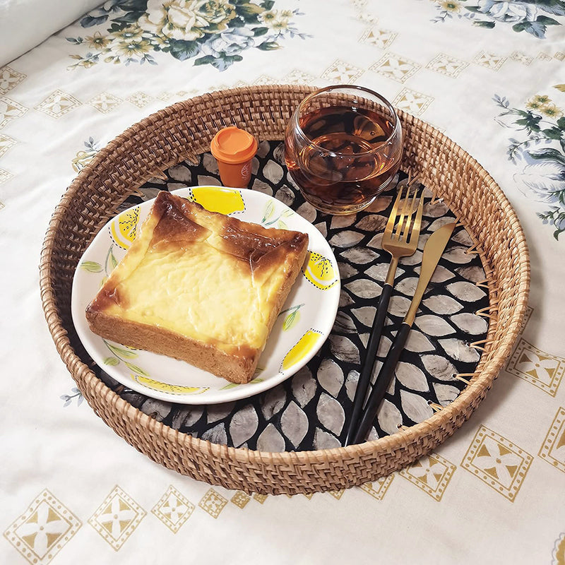 28 CM Handmade Round Rattan Tray with Black Shell Bottom Woven Serving Tray for Food Drink Snack Coffee Table Decor - Medaid International