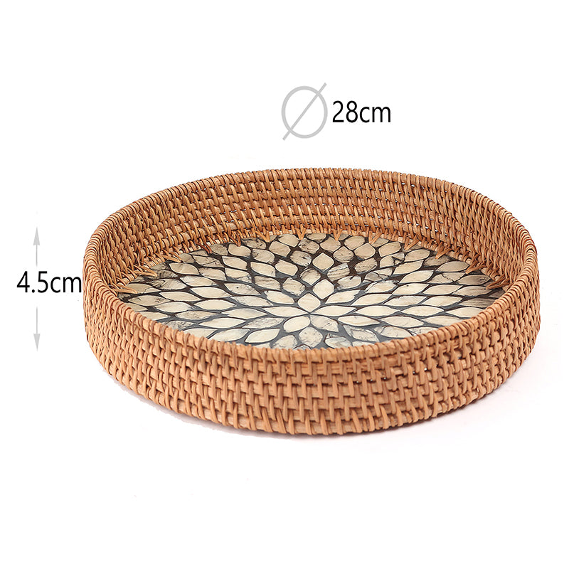 28 CM Handmade Round Rattan Tray with Black Shell Bottom Woven Serving Tray for Food Drink Snack Coffee Table Decor - Medaid International