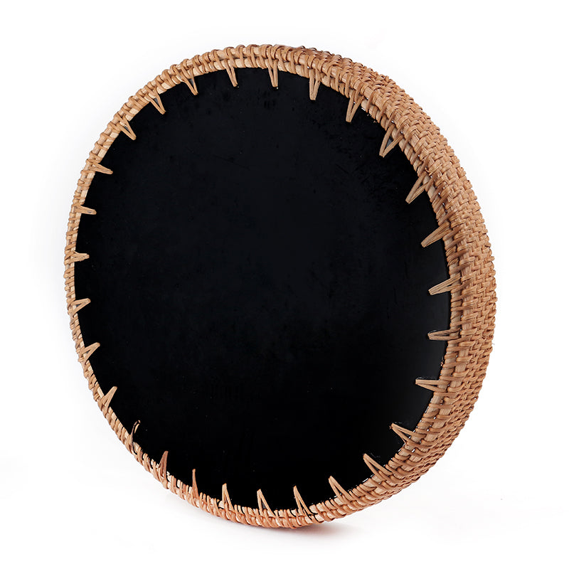 28 CM Handmade Round Rattan Tray with Black Shell Bottom Woven Serving Tray for Food Drink Snack Coffee Table Decor - Medaid International