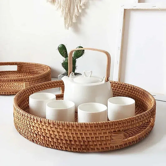 35 CM Handmade Round Rattan Tray with Handles Woven High Wall Serving Tray for Food Drink Cosmetics Coffee Table Decor - Medaid International