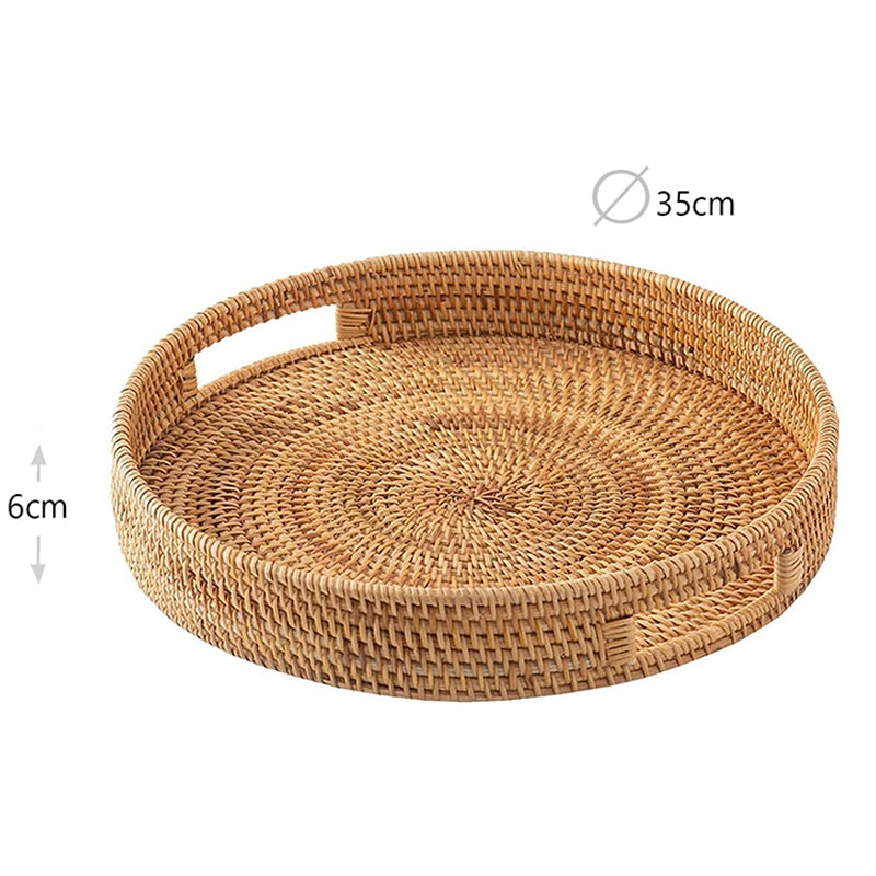 35 CM Handmade Round Rattan Tray with Handles Woven High Wall Serving Tray for Food Drink Cosmetics Coffee Table Decor - Medaid International