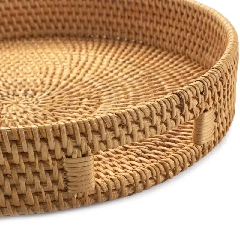 35 CM Handmade Round Rattan Tray with Handles Woven High Wall Serving Tray for Food Drink Cosmetics Coffee Table Decor - Medaid International