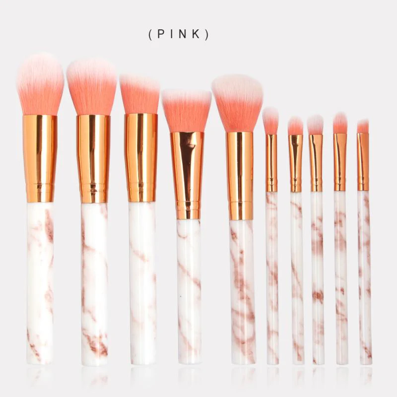 Marble Pattern Makeup Brush Set 10pcs - Pink - Medaid International