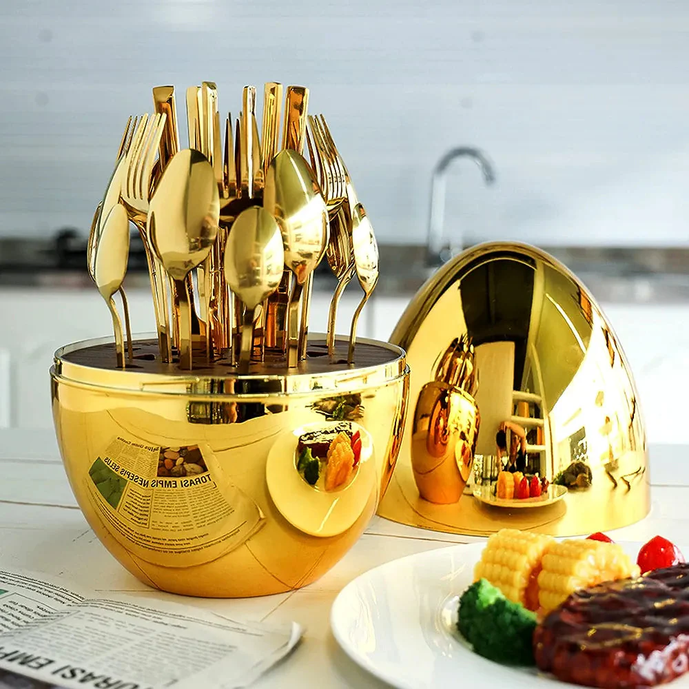 Premium Cutlery Set 24 Pcs with Oval Shaped Stand (Golden Egg) - Medaid International