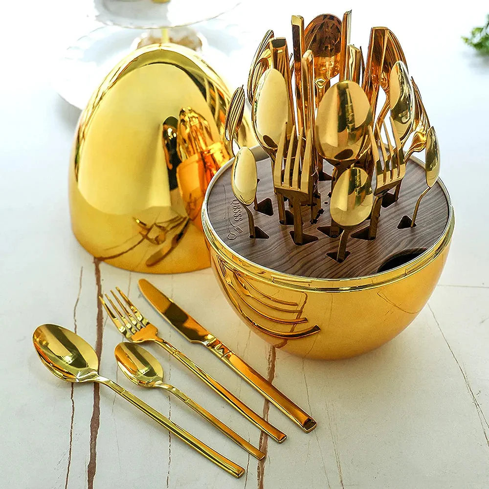 Premium Cutlery Set 24 Pcs with Oval Shaped Stand (Golden Egg) - Medaid International