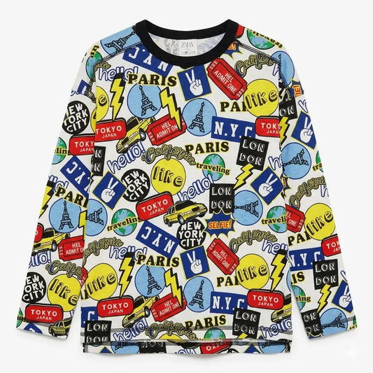 Zara Boy's Multicolor All-Over City Sticker Graphic Print Long Sleeve Blouse | Zara In Lebanon
