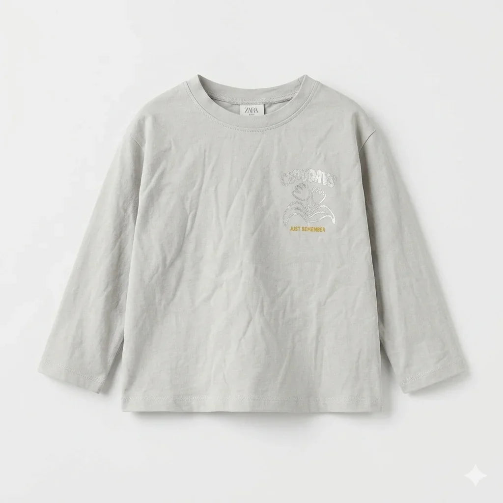 Zara Girl's Grey "Cool Days" Graphic Print Long Sleeve Blouse | Zara In Lebanon
