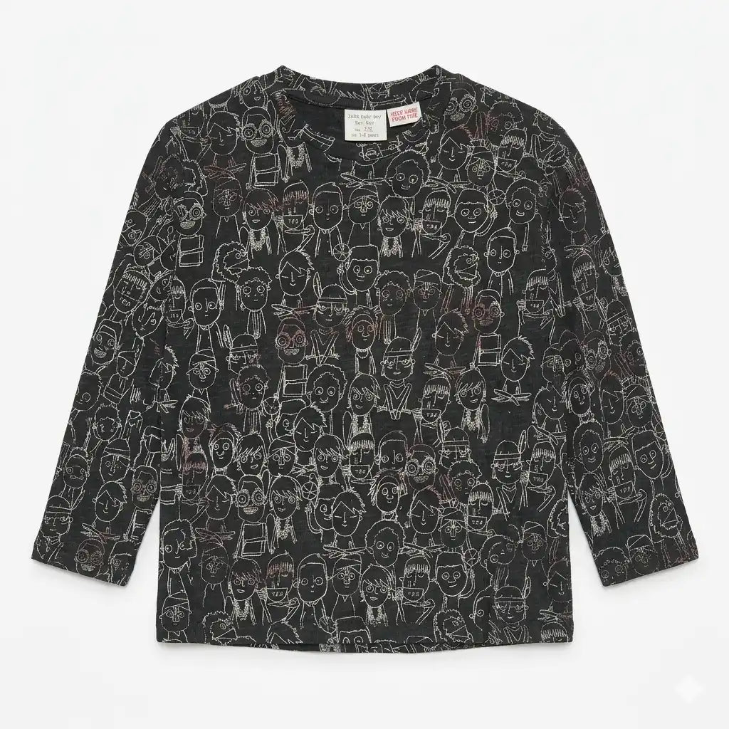 Zara Boy's Dark Grey All-Over Doodle Face Print Long Sleeve Blouse | Zara In Lebanon