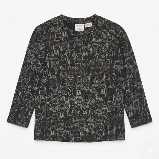 Zara Boy's Dark Grey All-Over Doodle Face Print Long Sleeve Blouse | Zara In Lebanon