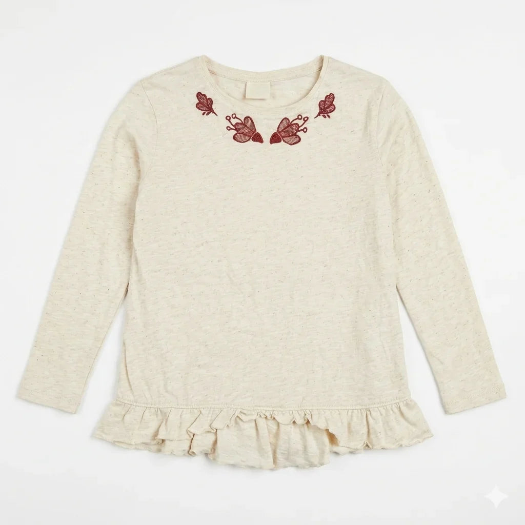 Zara Girl's Off White Butterfly Embroidery Long Sleeve Blouse With Ruffled Hem | Zara In Lebanon