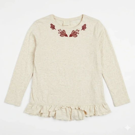 Zara Girl's Off White Butterfly Embroidery Long Sleeve Blouse With Ruffled Hem | Zara In Lebanon