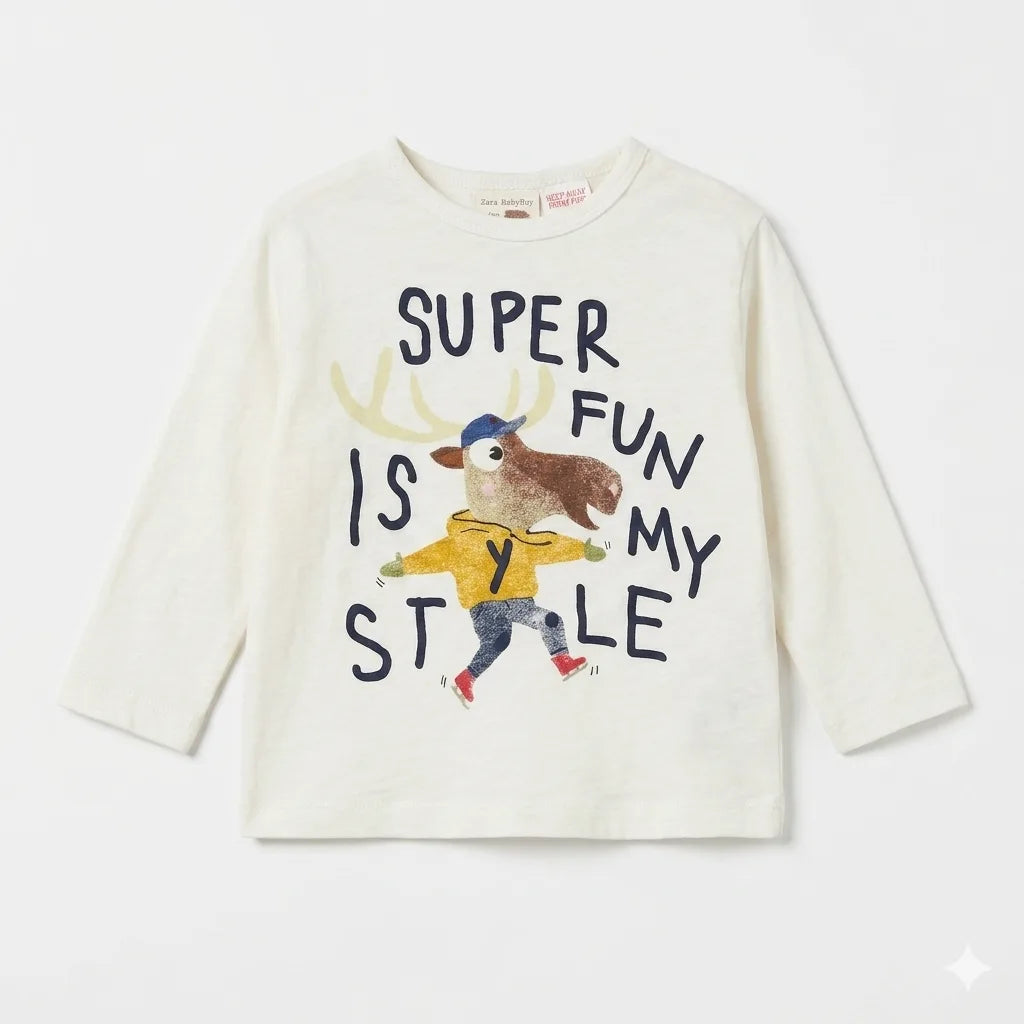 Zara Boy's White "Super Fun Is My Style" Graphic Print Long Sleeve Blouse | Zara In Lebanon