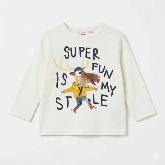 Zara Boy's White "Super Fun Is My Style" Graphic Print Long Sleeve Blouse | Zara In Lebanon