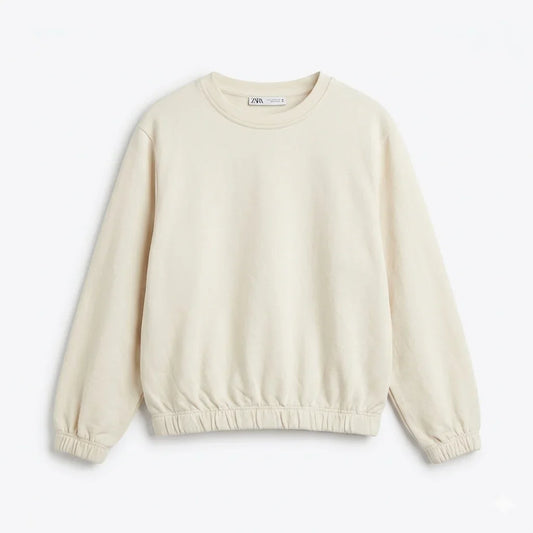 Zara Girl's Off White Plain Crew Neck Elasticated Hem And Cuffs Long Sleeve Blouse | Zara In Lebanon