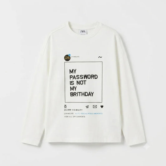 Zara Boy's White "My Password Is Not My Birthday" Graphic Print Long Sleeve Blouse | Zara In Lebanon