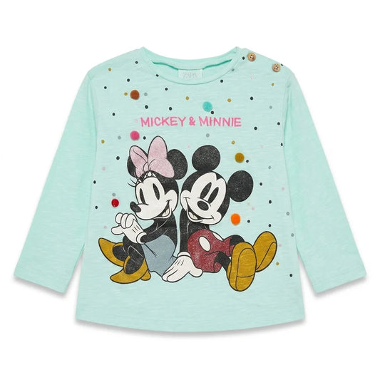 Zara Girl's Light Aqua Mickey & Minnie Mouse Graphic Print Long Sleeve Blouse | Zara In Lebanon
