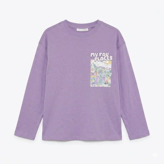 Zara Girl's Purple "My Fav Place" Graphic Print Long Sleeve Blouse | Zara In Lebanon