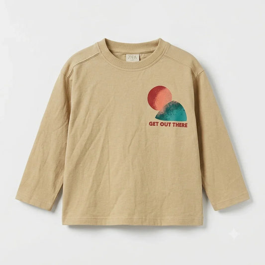 Zara Boy's Beige "Get Out There" Graphic Print Long Sleeve Blouse | Zara In Lebanon