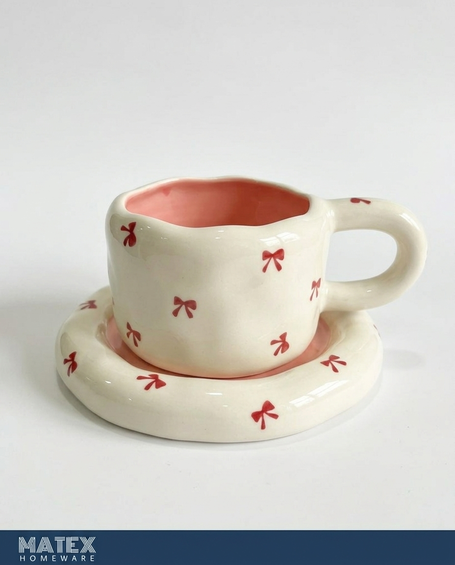 Red Ribbon Heart Mug & Saucer Set