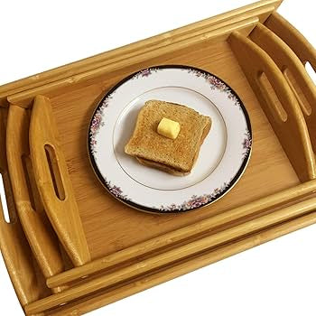 3 Pcs Rectangular  Wood Bamboo Serving Tray Set