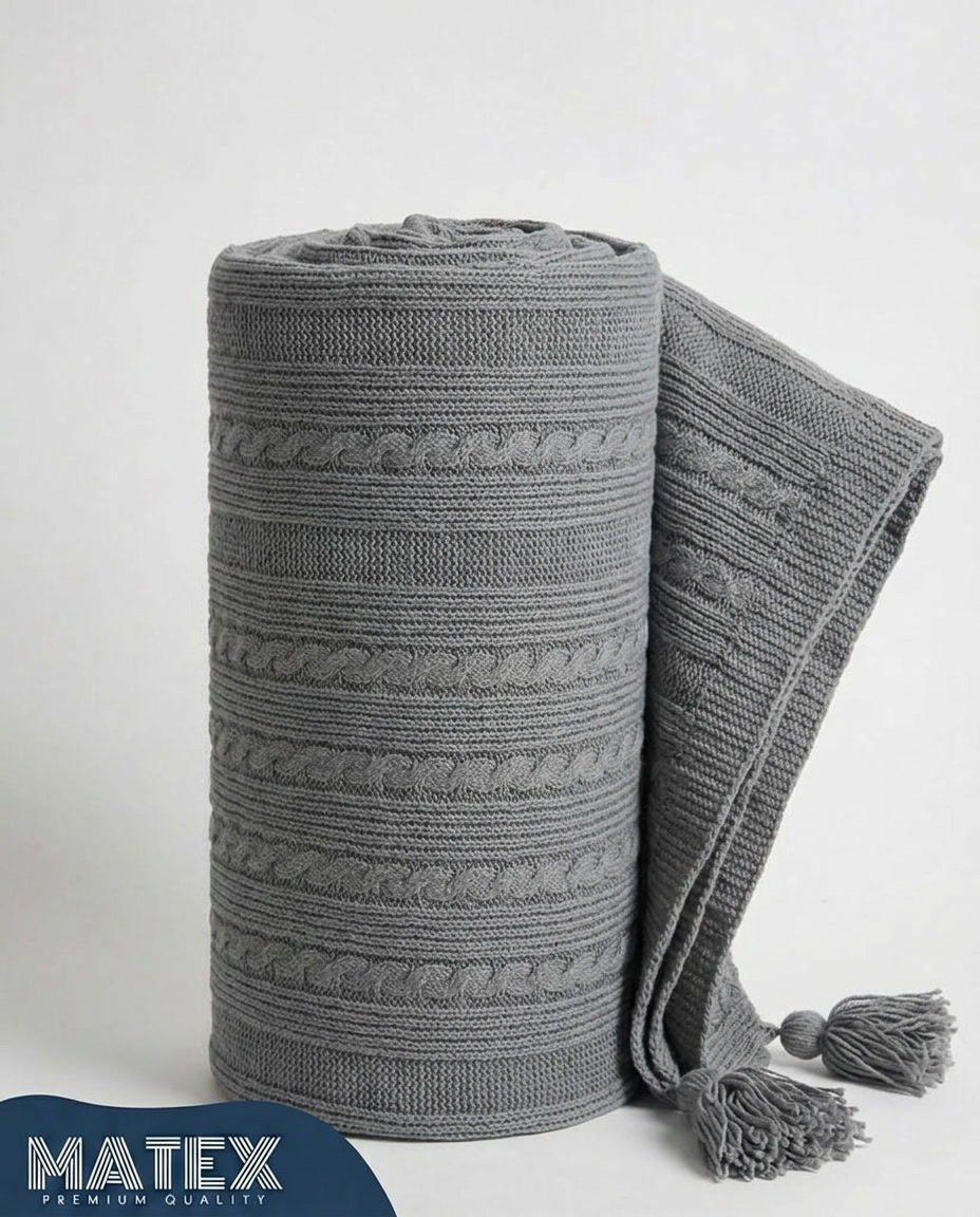 Premium Grey Cable Knit Cotton Throw Blanket with Tassels