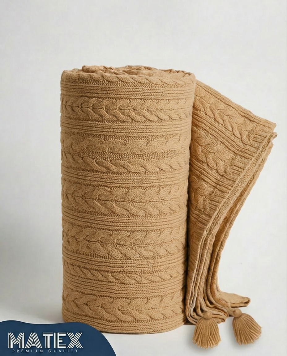 Premium Brown Cable Knit Cotton Throw Blanket with Tassels