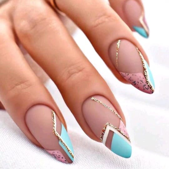 Fake nails Get Glamorous with 24pcs Long Almond Frosted Line Glitter French Style Fake Nail & 1pc Nail File & 1sheet Tape