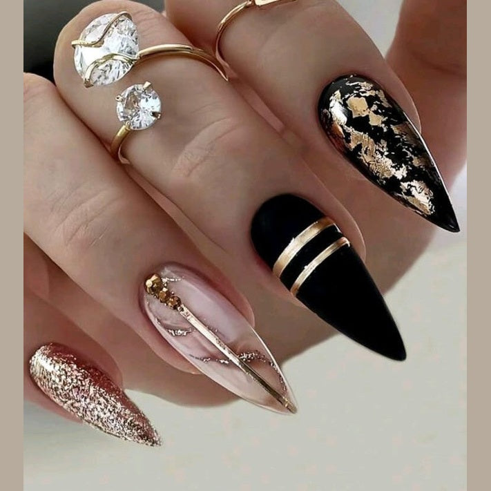 Fake Nails Long Almond Glitter Marble pattern