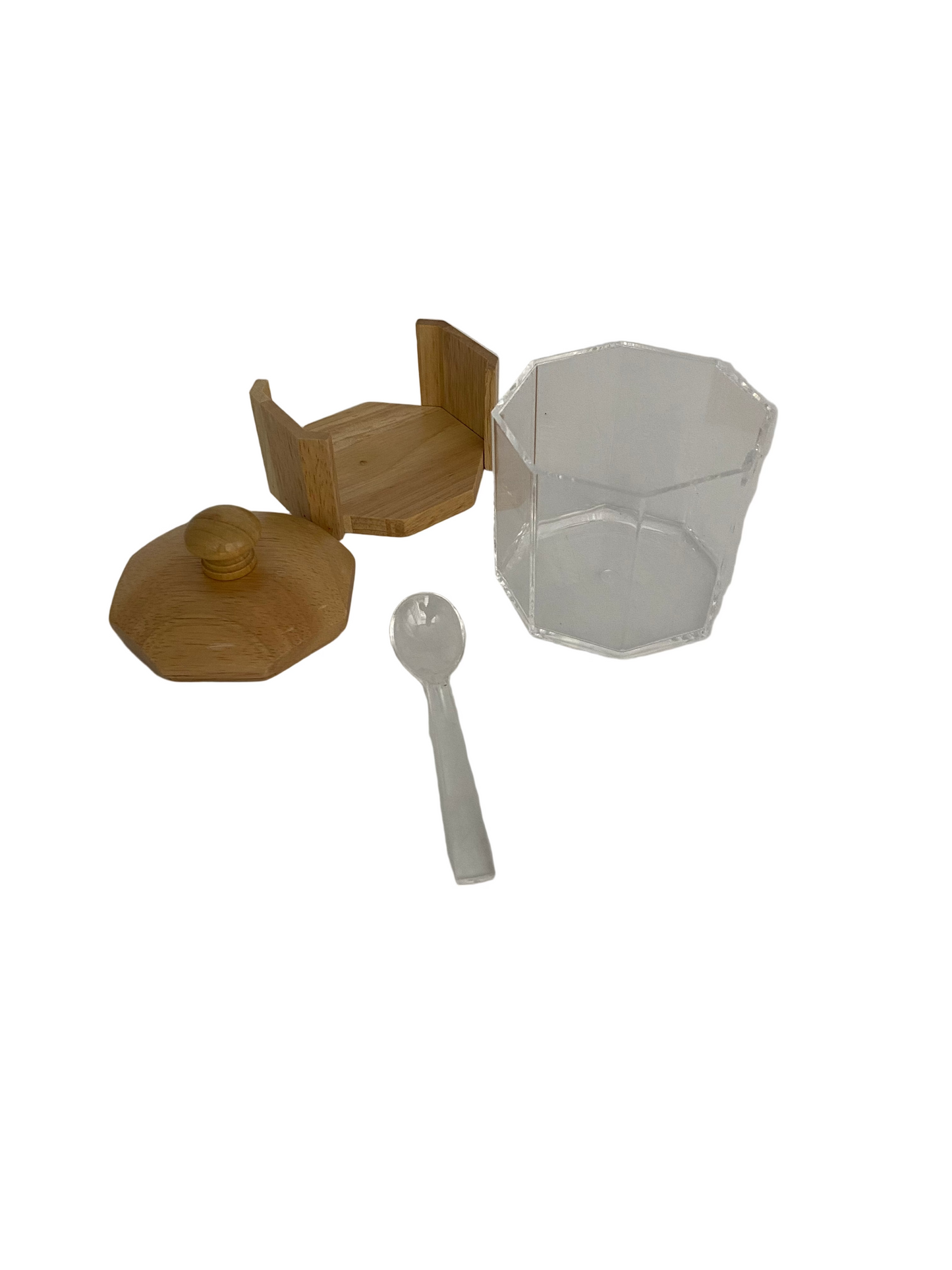 Hexagonal  Acrylic Sugar Pot With Bamboo Stand & Lid