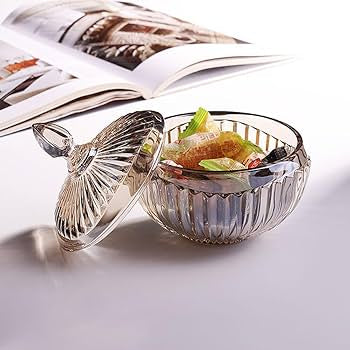 Large Striped Glass Candy Bowl with Black Lid