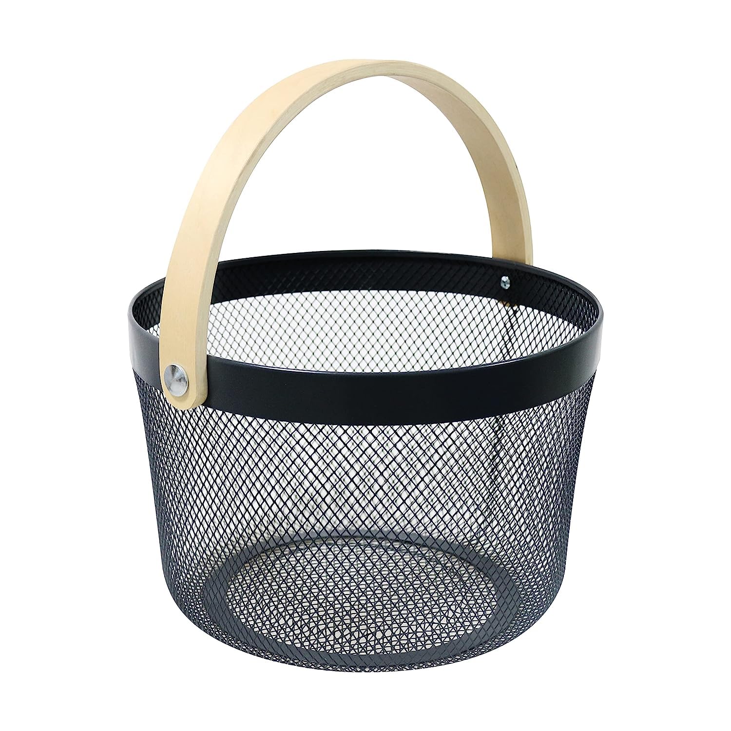 Round Mesh Steel Basket With  Wooden Handle
