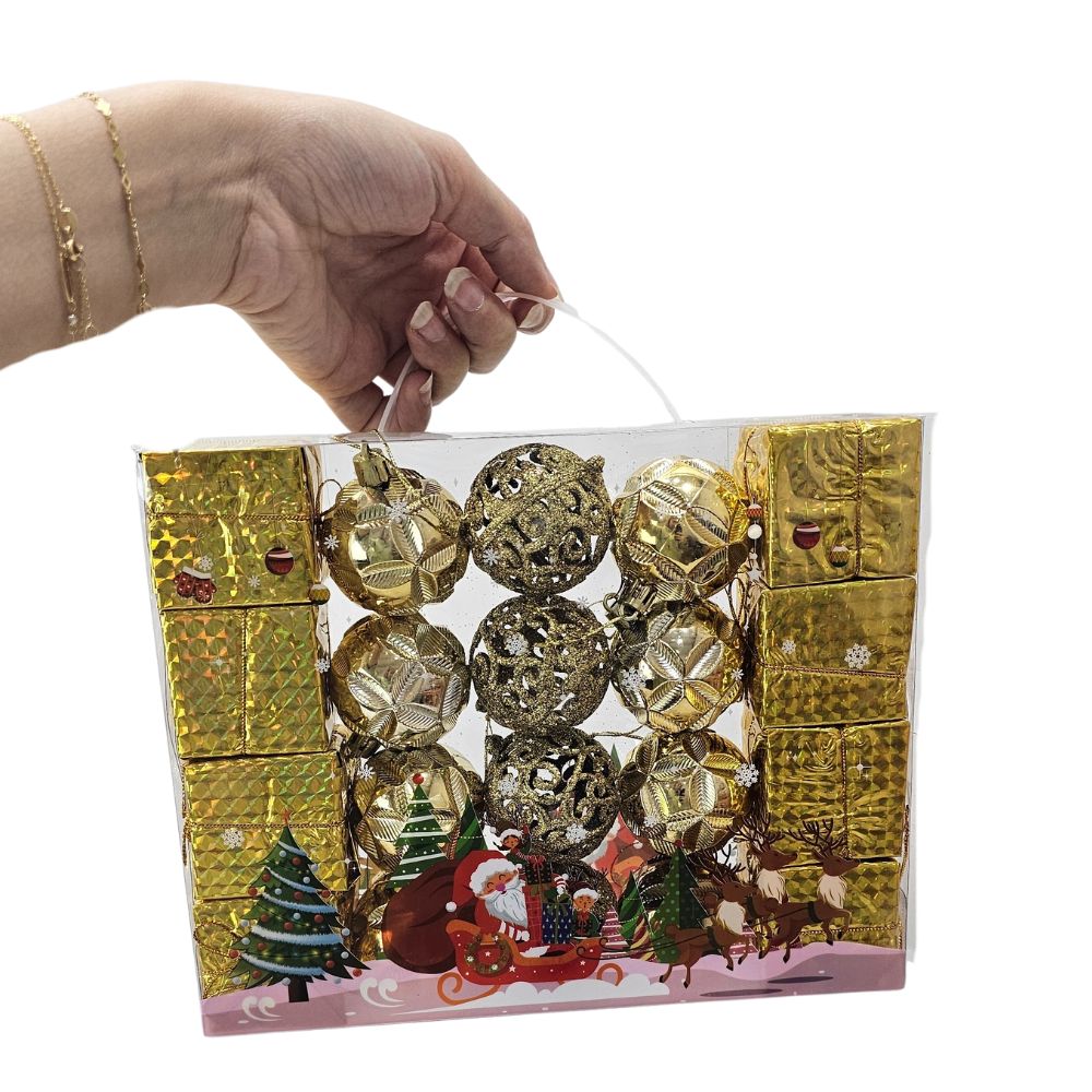 Golden Box Of Christmas Balls And Decorations
