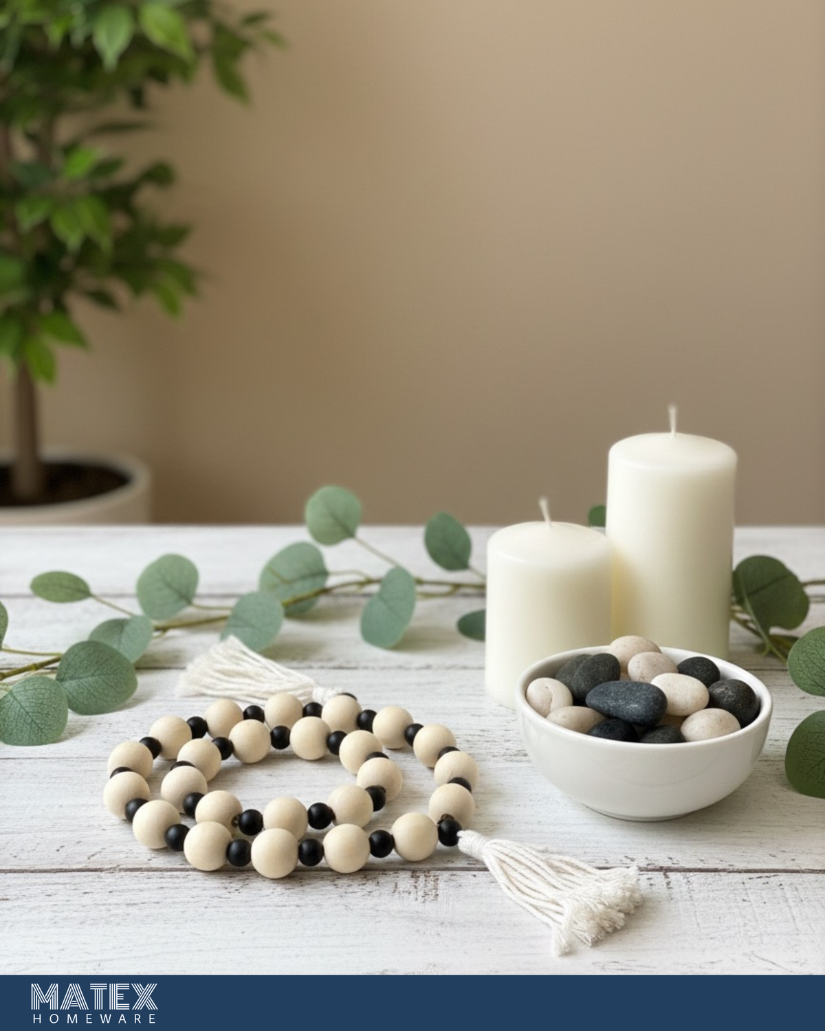 Boho Pattern Wood Oak Bead Decor with Tassels