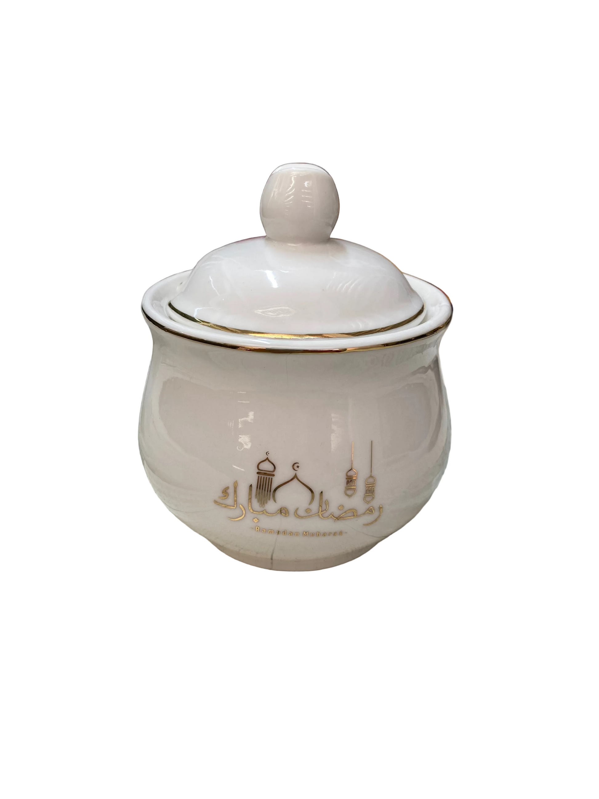 Porcelain Sugar Pot “Ramadan Mubarak” -White & Gold