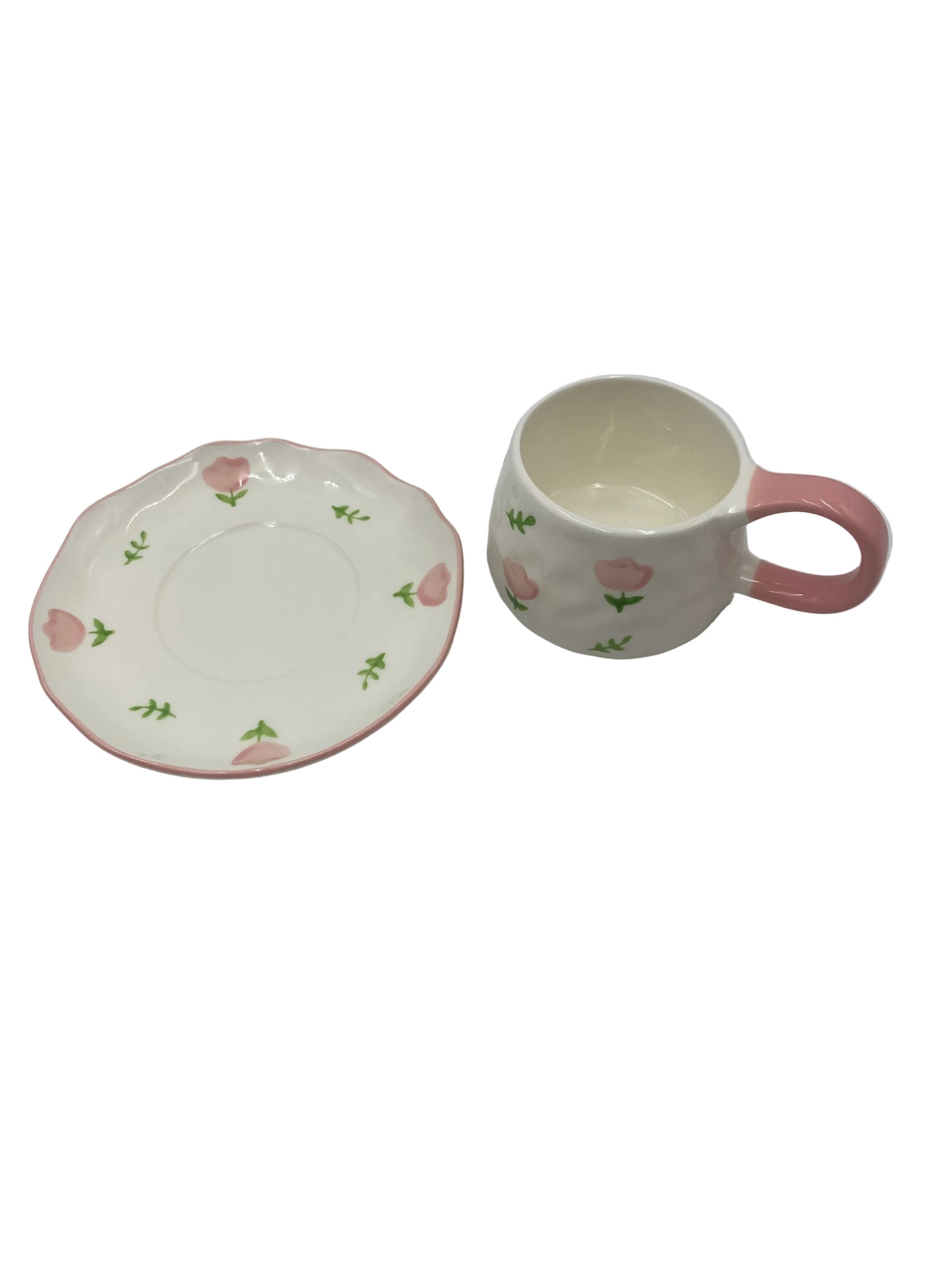 2 Pcs Ceramic Flower Mug  With Plate Set
