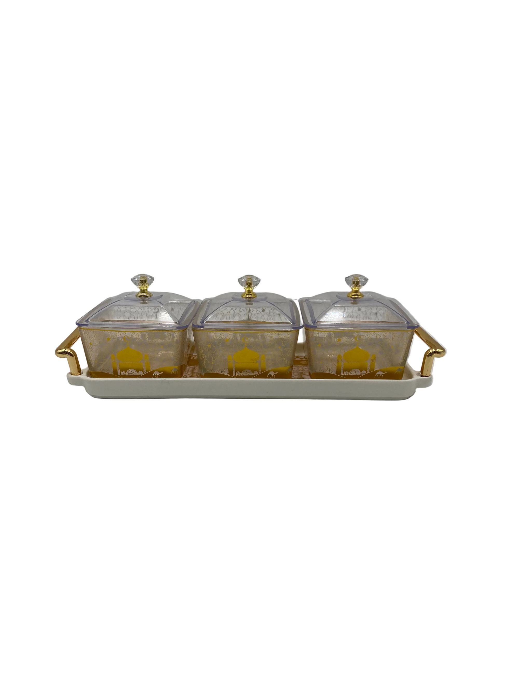 Ramadan  Decorative Glass Candy Bowls With Porcelain Tray Set Of 3 Pcs