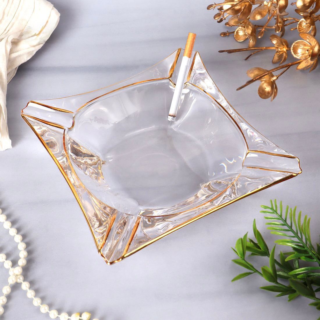 Glass Ash Tray With Elegant Golden Rim Design