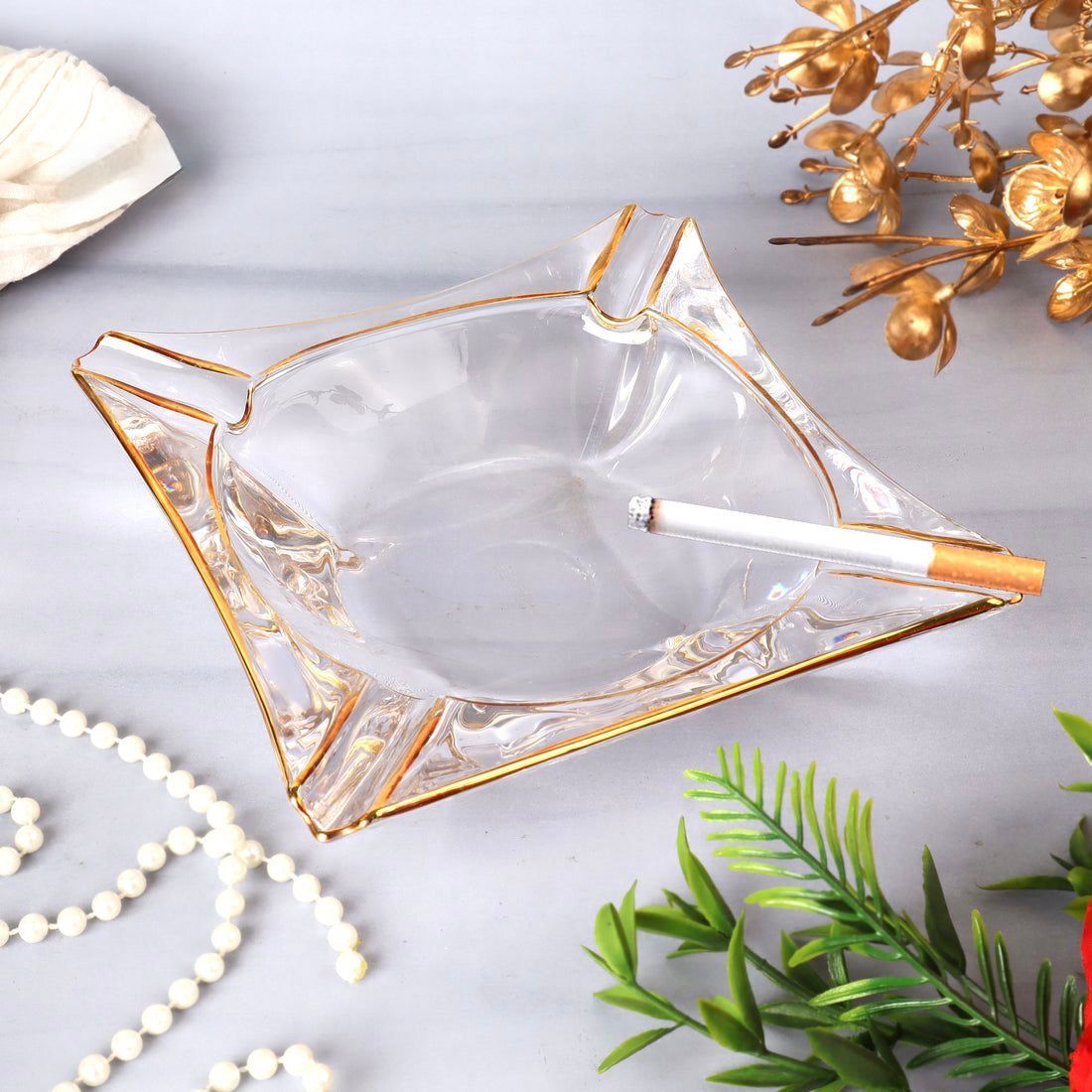 Glass Ash Tray With Elegant Golden Rim Design