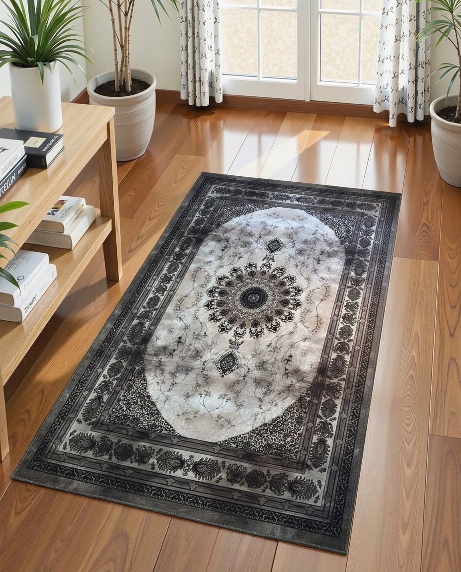 Noir Medallion Printed Soft Rug 80x150cm