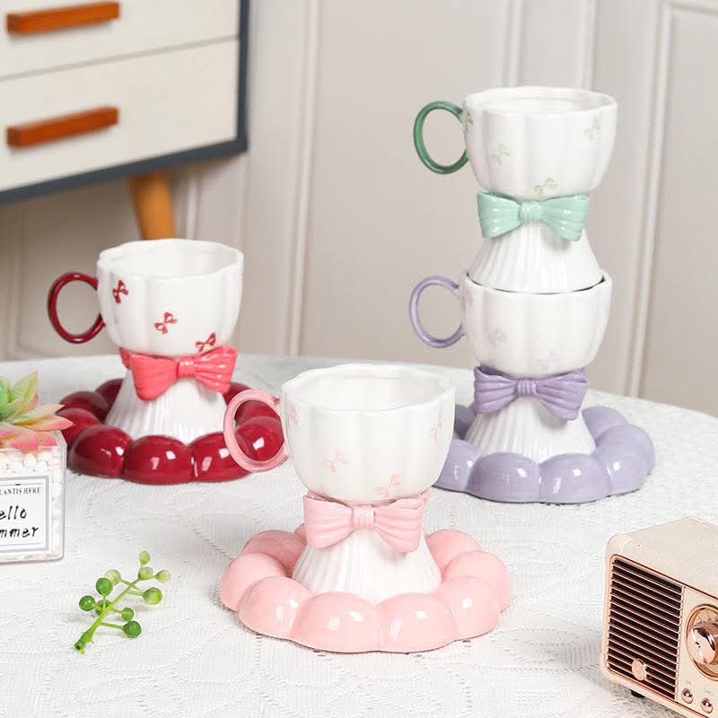 2 Pcs Ceramic Bow Cup With Saucer Set