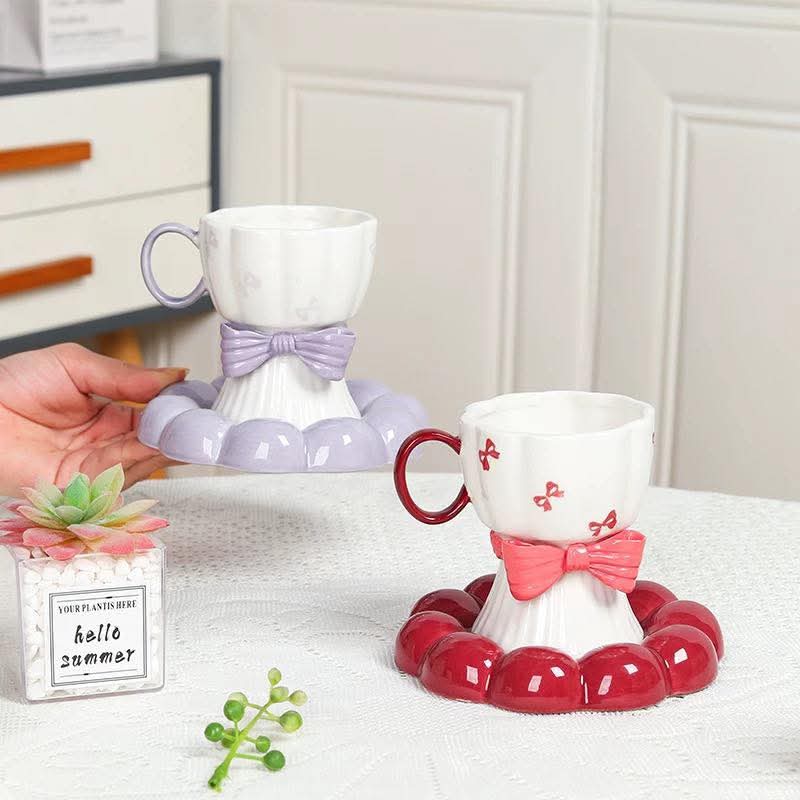 2 Pcs Ceramic Bow Cup With Saucer Set