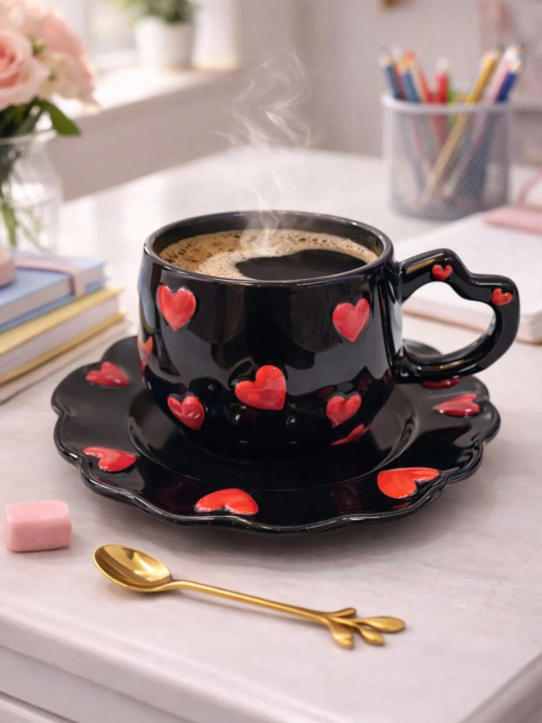 2 Pcs Ceramic Heart Cup With Saucer Set