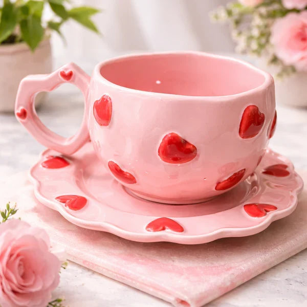 2 Pcs Ceramic Heart Cup With Saucer Set