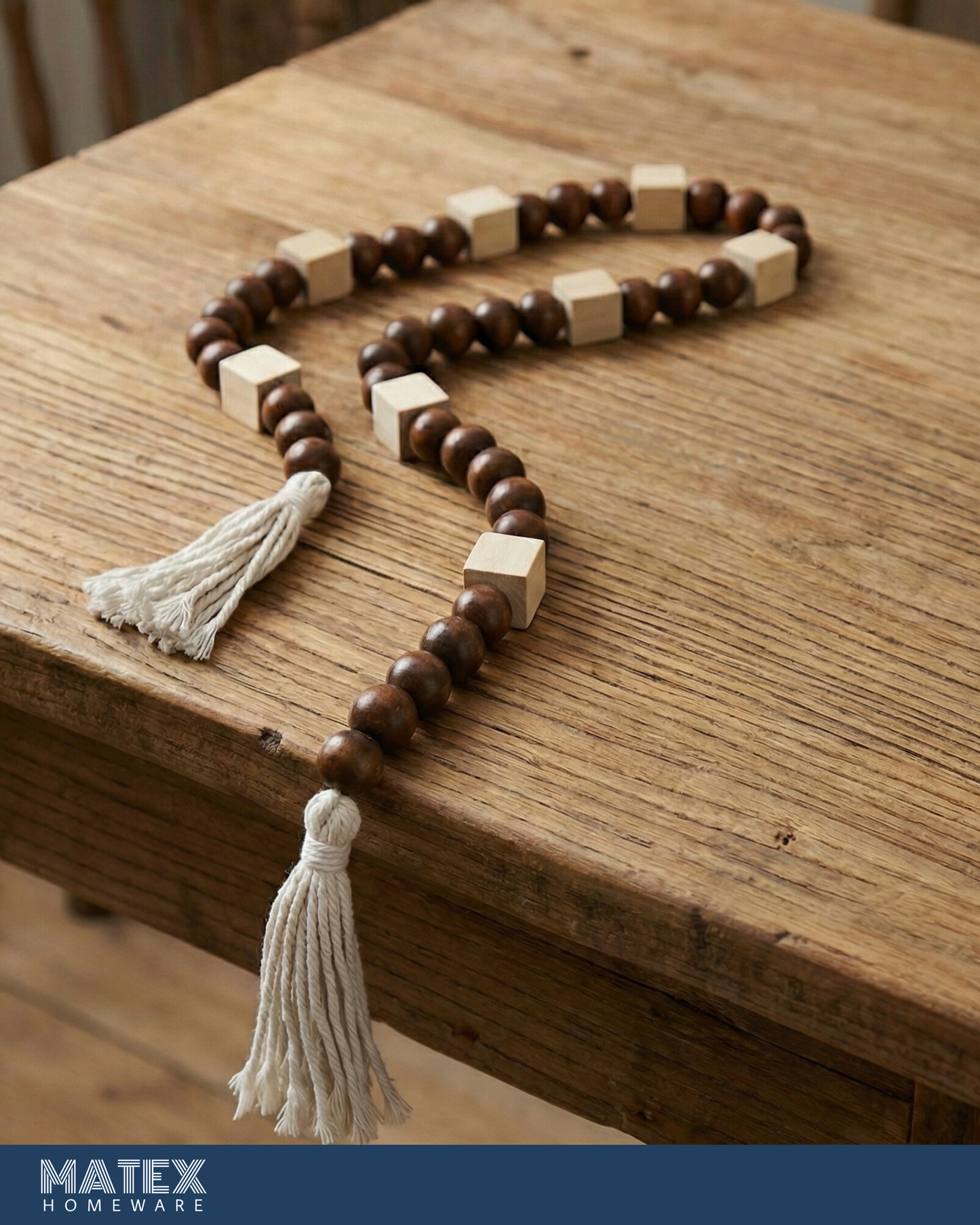 Honey Boho Wood Oak Bead Decor with Tassels