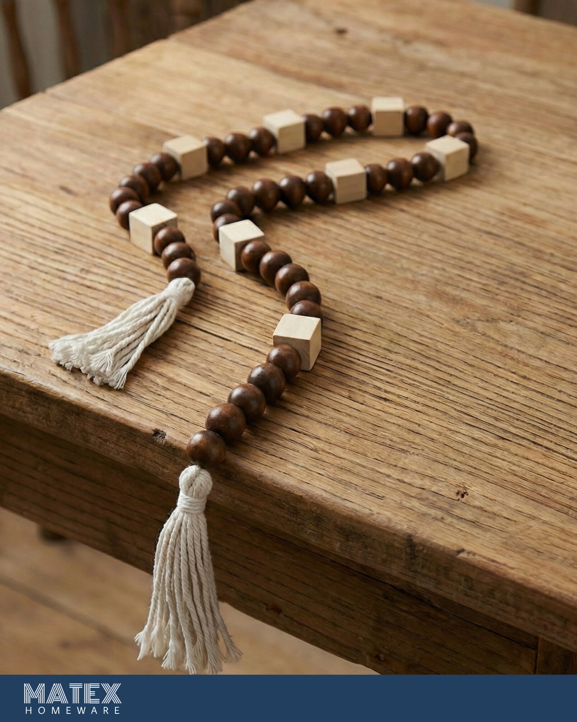 Honey Boho Wood Oak Bead Decor with Tassels