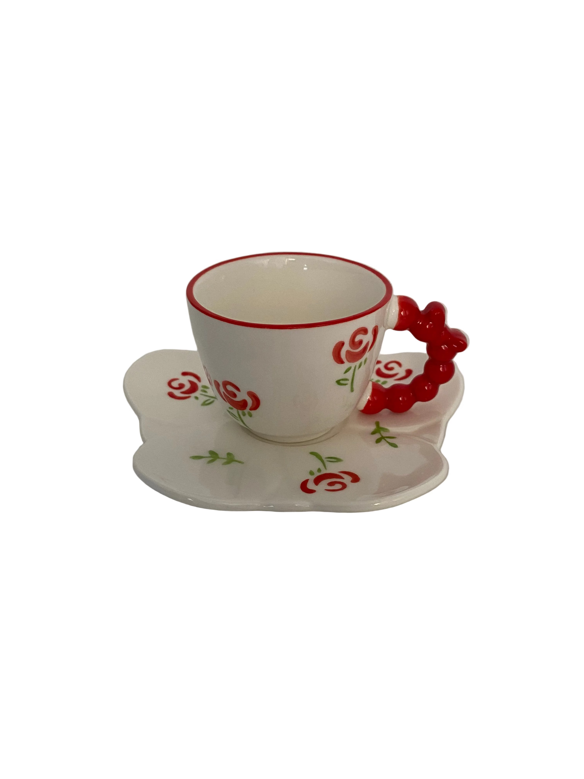 12 Pcs Red Flower Ceramic Coffee Cups With Saucers Set
