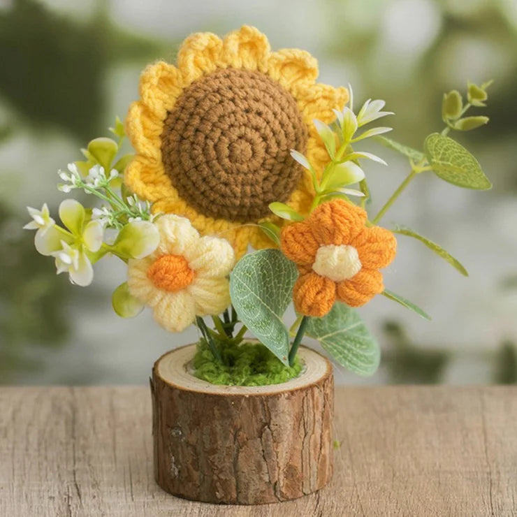 Handmade Crochet  Sunflower  Pot  with Artificial  Plant