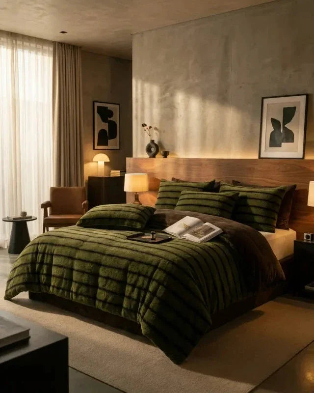 King Size Olive Chinchilla Fur Sherpa Comforter set